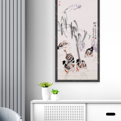 Wood sideboard in living room with copy space, 3D rendering