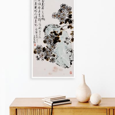 Wood sideboard in living room with copy space, 3D rendering