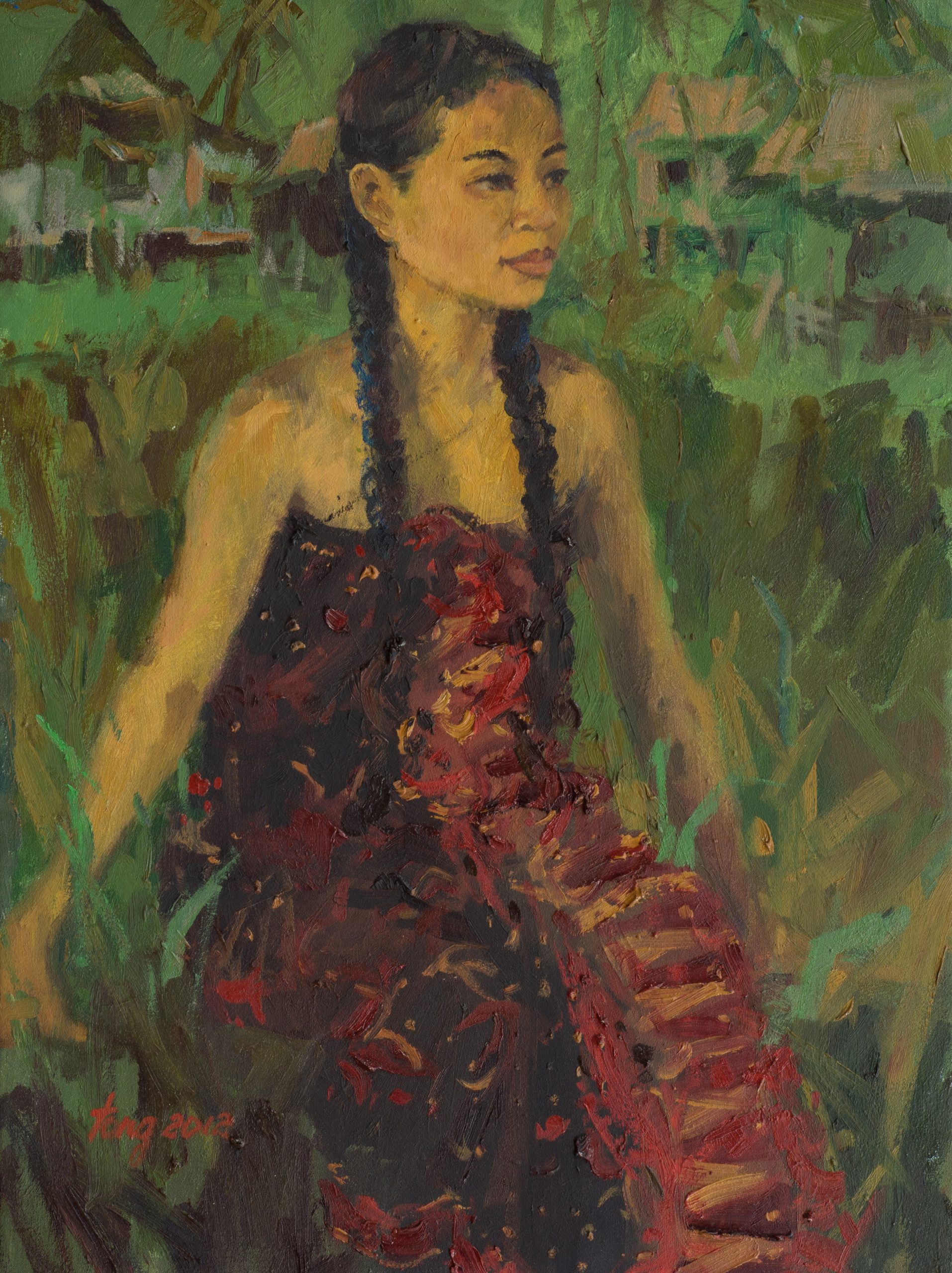 tong_chin_sye_artwork_for_sale_young_girl_in_front_of_kampong